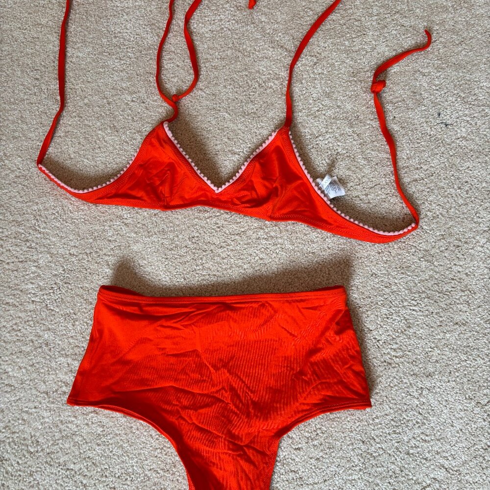 J Crew Playa Red/Orange Bikini Set - Triangle Top & Cheeky High Waist Bottoms